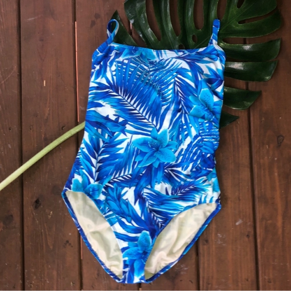 Lands' End Blue Floral One Piece Swimsuit